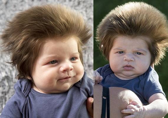 어른 못지 않은 풍성한 머리숱을 뽐내는 생후 9주된 아기, 주니어 콕스-눈. [사진 데일리메일]