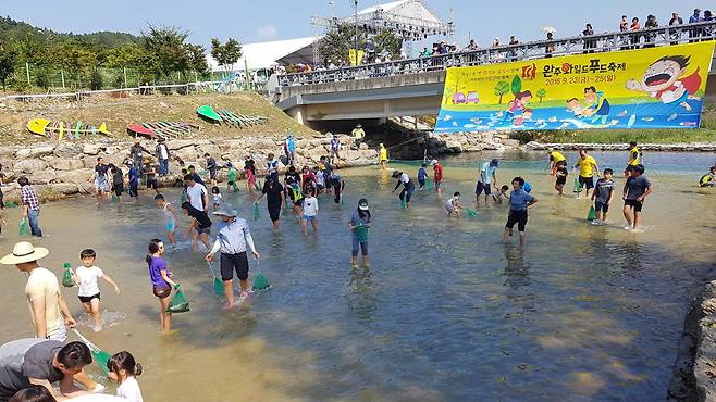 와일드나라로 향하는 길에 있는 시랑천에서 맨손 물고기 잡이 행사가 진행 중이다. 1인당 2마리가 최대이다.