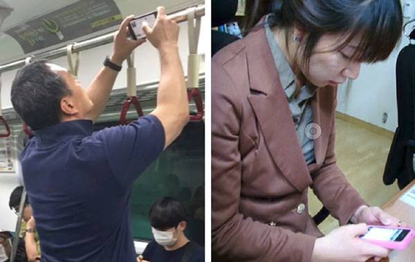 ⓒ정선근 제공 온종일 들여다보는 스마트폰은 일자 목의 주범이다. 스마트폰을 볼 때는 고개를 세우는 것이 좋다(왼쪽). 정선근 교수가 직접 시범을 보인 바른 자세다. 고개를 숙이면 목에 무리가 온다(위).