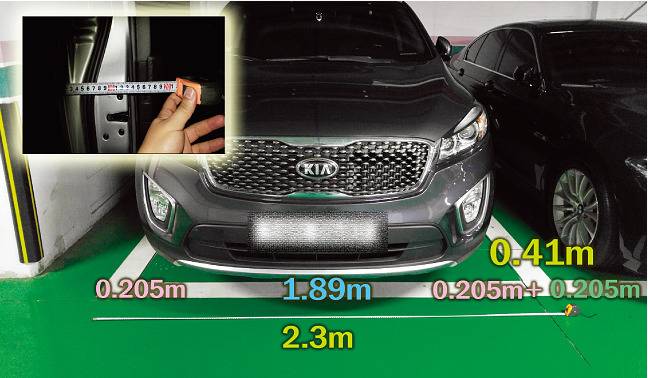 너비 2.3m 주차면에 전폭 1.89m의 기아자동차 카렌스가 주차된 모습. 양쪽에 공간이 거의 남아 있지 않다. [사진 제공 · 더불어민주당 이원욱 의원실]