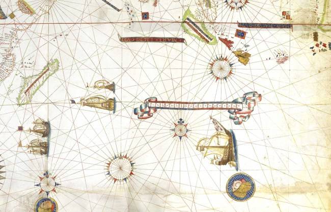 지도는 포르톨라노 평면구형도식으로 그려졌다. 나침반 중심에서 뻗어나가는 직선을 그려 넣어 정확도를 높인 것이 특징이다. [출처=다니엘 크라우치 레어 북스]