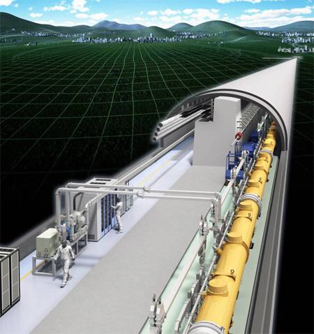 일본이 건설을 주도하는 ‘국제 직선형 입자충돌기(ILC)’의 상상도. 길이 31km의 ILC는 전자와 양전자를 가속해 충돌시킨 뒤 나타나는 입자물리 현상을 관측하는 데 활용될 예정이다.