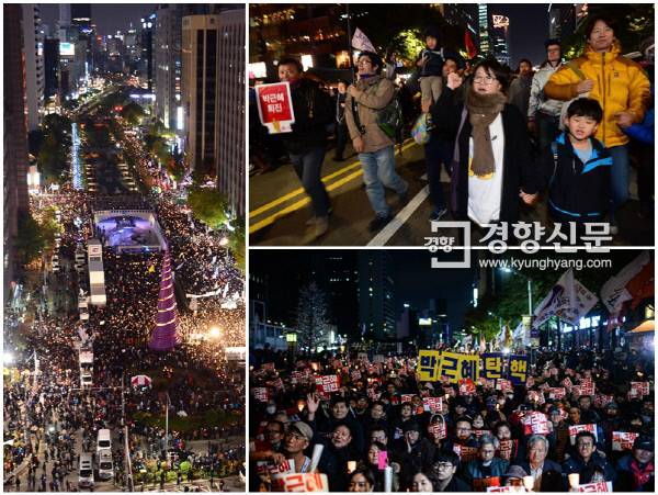 지난 29일 밤 서울 광화문광장과 청계광장에 시민 수만명이 모여 박근혜 대통령의 하야를 요구하는 집회를 열고 있다. |김창길·이준헌 기자 cut@kyunghyang.com