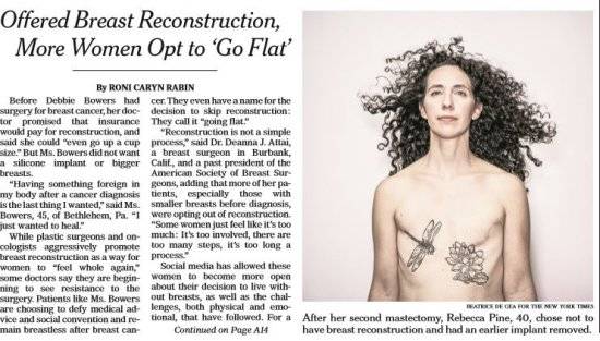 뉴욕타임스(NYT)가 1일(현지시간)자 1면에 보도한 유방절제술 뒤 재건수술을 거부한 여성의 상반신 누드 사진.   사진=NYT캡처