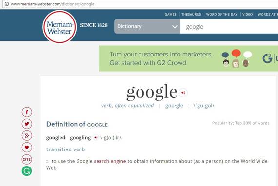 메리엄-웹스터 사전 속 ‘구글’.[사진 웹사이트 화면 캡쳐]