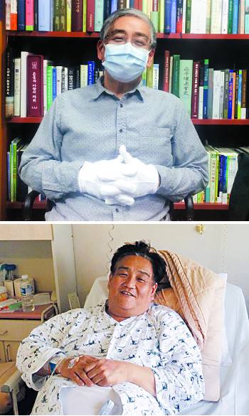 박종호 장로는 마스크와 장갑을 착용한 채 18일 국민일보를 방문했다. 아래 사진은 지난 5월 간이식 수술을 앞두고 병원에서 찍은 모습. 서영희 기자, 국민일보DB