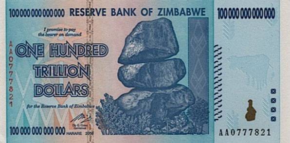 2008년 짐바브웨 중앙은행은 100조 달러짜리 최고액권을 발행했다.