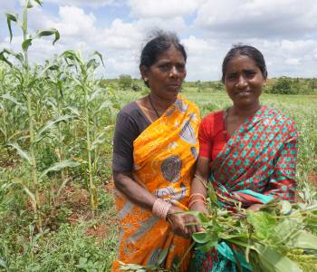 농작물의 ‘야생’ 살리고농민 데잠마(왼쪽)가 동서 부잠마와 함께 밭에서 키운 작물을 보여주고 있다.