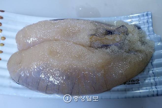 암도치는 알도치라고 부른다. 산란 철인 12월 무렵에는 몸피의 절반가량이 알이다. 한 마리에서 나온 알 두 덩이가 안주 접시에 가득하다.