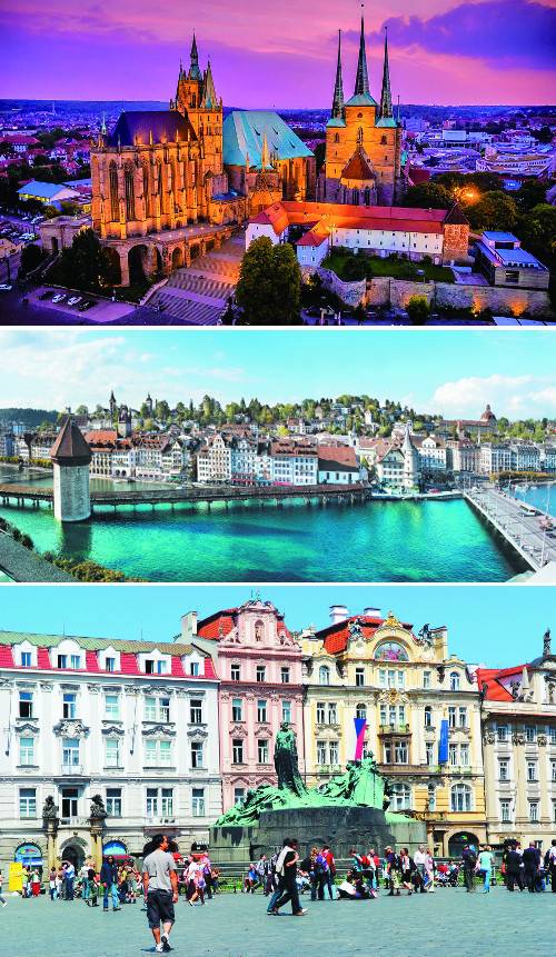 종교개혁 500주년 성지순례가 가게 될 명소들. 위쪽부터 루터가 서품을 받은 에르푸르트대성당, 풍광이 뛰어난 스위스 루체른 호수, 체코 프라하에 있는 종교개혁가 얀 후스의 동상. 롯데관광 제공