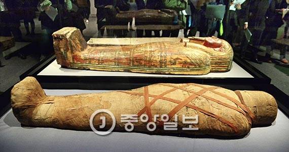 국립중앙박물관 ‘이집트 보물전’에 소개된 고대 이집트의 미라와 관(棺). 이집트인은 영원한 삶을 얻으려면 주검이 보존돼야 한다고 믿었다. 완전한 탈수 상태의 미라를 만드는 데 70일가량 걸렸다. [사진 우상조 기자]