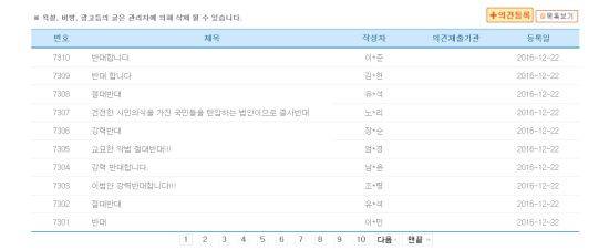 '증오범죄통계법안' 반대  댓글들.    국회 입법예고 사이트 갈무리