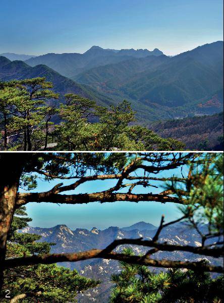 [월간산]1 북바위산 정상에서 본 부봉. 2 북바위산 정상 서쪽 능선에서 바라본 월악산의 암릉.