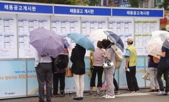 서울시가 주관한 취업박람회에서 구직자들이 채용공고 게시판에 부착된 사원채용 공고를 바라보고 있다.