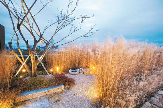 건물 옥상에 위치한 야외정원. 돌로 외벽을 쌓고 그 안에 억새와 자두나무, 소나무를 심었다. 중국·인도네시아 폐가에서 뜯어온 너와지붕이 이국적인 정취도 자아낸다.