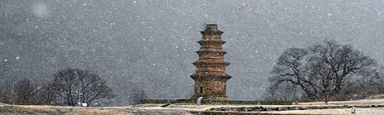 눈 내리는 날에 경북 영양의 산해리오층모전석탑 앞에 섰다. 비어진 공간과 붉은 기운이 도는 청회색의 탑. 그리고 느티나무 고목이 한데 어우러져 그윽한 미감을 빚어낸다. 석탑은 상주∼영덕 고속도로 동청송·영양나들목으로 나가 차로 20분 거리에 있다.