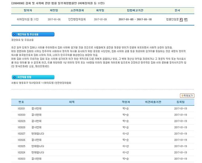 집회 참가자에게 금품을 제공하는 `알바 동원`을 금지한 집시법 개정안에 박사모가 조직적으로 반대하고 나섰다. 한 사람이 여러 건의 반대 의견을 올린 경우도 많다. [국회 입법예고시스템 화면]