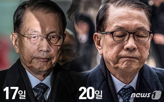 특검 피의자 소환조사 당시(17일)와  20일 영장실질심사를 앞두고  특검에 출두한  김기춘 전 대통령 비서실장의 모습. 금속테 안경을  뿔테로 바꿔쓰고 있다. © News1 최진모 디자이너