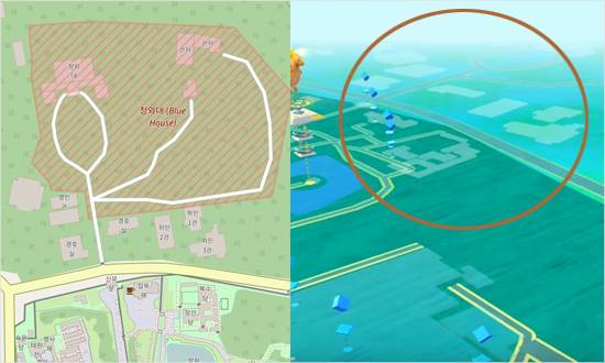 오픈스트리트맵의 청와대 위치(왼쪽)와 포켓몬고 게임상의 청와대 위치