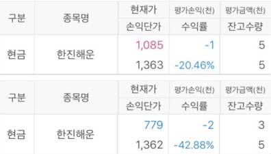 1월 18일 한진해운에 대한 투자 수익률(위)과 1월 26일의 수익률(아래) / 전준범 기자