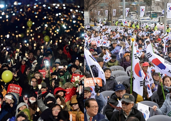 (왼쪽부터) 지난 21일 서울 광화문광장에서 열린 촛불집회와 6일 서울 전쟁기념관 앞에서 열린 맞불집회 모습 /사진제공=뉴스1