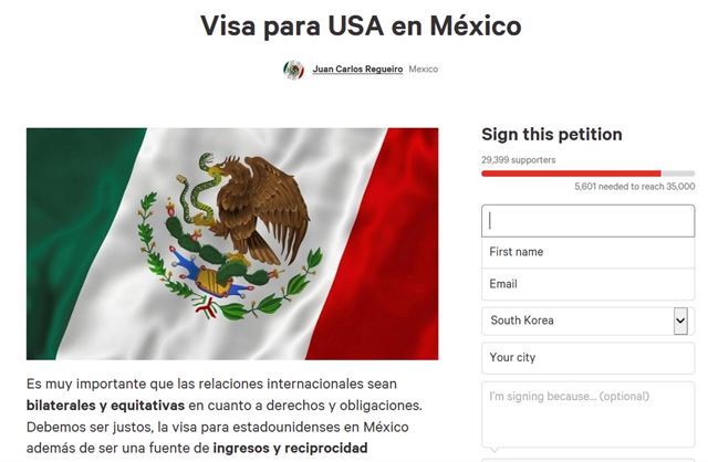 멕시코로 입국하려는 미국인에게 비자를 발급 받게 해야 한다는 내용의 온라인 청원 운동이 체인지닷오알지(CHANGE.ORG) 사이트에서 진행되고 있다. 사이트 화면 캡쳐