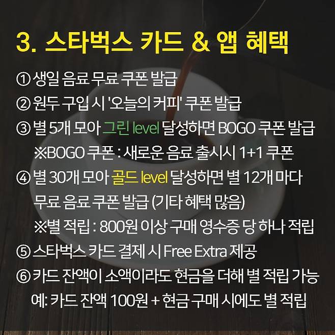 1. 오늘의 커피가 가장 저렴 2. 브런치 할인과 이브닝 페어를 이용하자.  3. 스타벅스 카드 & 앱 혜택 이용 4. Free Extra 사용은 에스프레소, 시럽, 자바칩 등으로 활용 가능 5. 기프티콘 활용은 금액 추가후 다른 메뉴로 변경 가능.  6. 아이스 커피는 아이스 아메리카노와 다르다. 7. 음료 빠르게 주문하는 법: 음료명, 사이즈, Extra 순서로 주문 8. 개인 취향대로 주문 가능 9. 텀블러로 음료 구매시 할인 10. 일회용 컵 10잔 모으면 할인