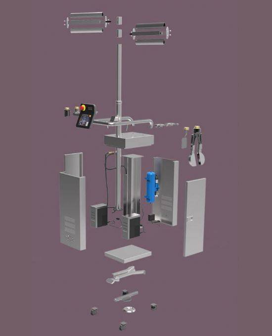 플리피를 분해한 모습. 로봇팔에는 햄버거 패티를 굽는 용도로 쓰이는 둥근 모양의 팔이나 뒤집개 등을 용도에 따라 부착할 수 있다.(사진=미소로보틱스)