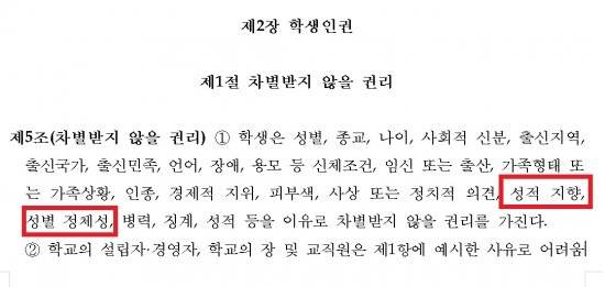 '미니 차별금지법'으로 불리는 학생인권조례. 이 조례에 따라 초중고등학교에선 동성애에 대한 비판이 전면 차단되고 있으며, 동성애에 대한 비판적 교육을 한 교사가 서울시교육청 조사를 앞두고 있다.