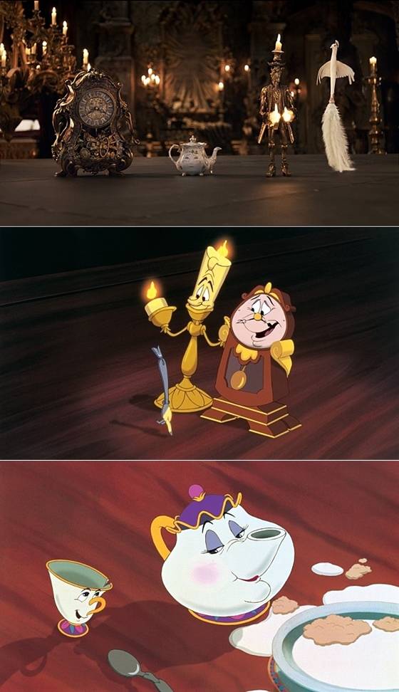 2017년작 실사 '미녀와 야수' 속 가재도구(사진 위)와 1991년 애니메이션 '미녀와 야수' 속 가재도구(가진 중간 아래) / 사진=스틸컷