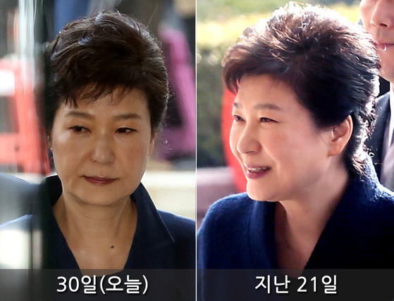 30일 오전 서울지방검찰청을 들어서는 박근혜 전 대통령(왼쪽)과 21일 오전 법정에 들어서는 박 전 대통령의 표정. [중앙포토]