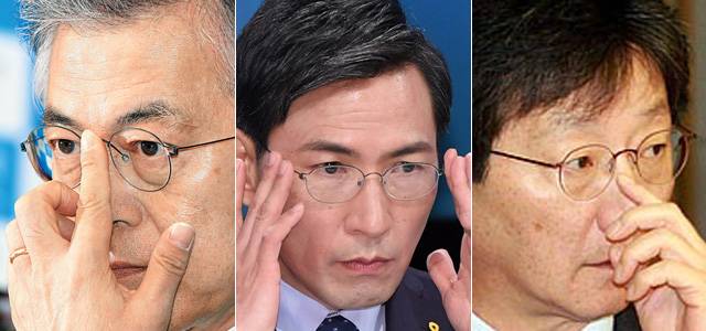 (왼쪽부터)'린드버그' 안경테를 착용한 문재인 더불어민주당 후보, 안희정 충남지사, '볼프강 프록쉐' 제품을 착용한 바른정당 유승민 후보