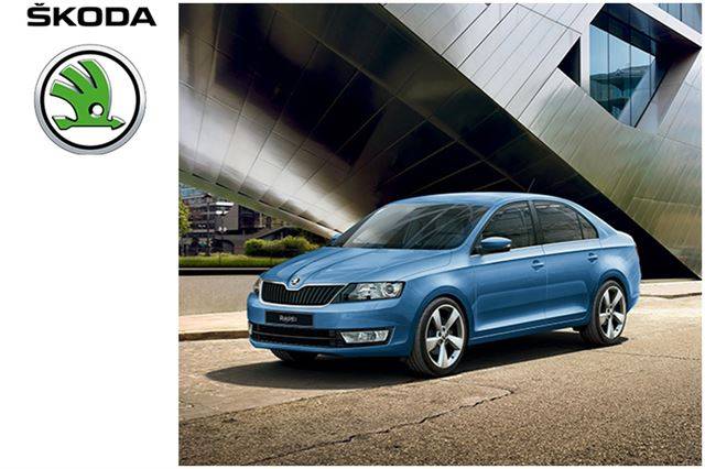 스코다 로고(좌)와 주력 세단 라피드(우)