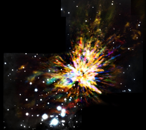 성간물질이 모여 별들이 태어나는 오리온 성운의 '오리온 분자 구름 1'(OMC-1)에서 몇 개의 어린 별이 튕겨나온지 500년 후의 모습. 사진에 나타난 색깔은 알마 전파망원경으로 관측된 일산화탄소(CO) 가스에서 나온 밀리미터파의 상대적 도플러 편이(Doppler shift)데이터를 나타낸 것이다. 사진은 알마 전파망원경으로 관측된 이미지를 제미니 사우스 망원경이 찍은 충격파의 근적외선 사진과 겹쳐서 합성한 것이다. [ESO 제공=연합뉴스]    CREDIT: ALMA (ESO/NAOJ/NRAO), J. Bally; B. Saxton (NRAO/AUI/NSF); Gemini Observatory/AURA