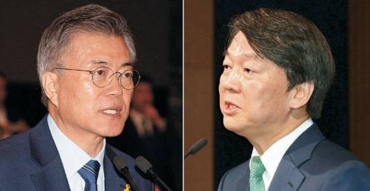 경제정책 대결 : 초접전 경쟁 중인 문재인(오른쪽 사진) 더불어민주당 후보와 안철수 국민의당 후보가 대선 D-29인 10일 오전 각각 중소기업중앙회와 대한상공회의소에서 경제 정책 강연을 하고 있다.   김선규·신창섭 기자 ufokim@