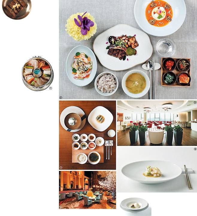 ①롯데호텔 서울 '무궁화'의 해물 신선로. ②파크 하얏트 서울 '더 라운지'의 점심 코스. 청도 감과 고구마 크림으로 만든 이색 한식 디저트가 나온다. ③잠실 롯데월드타워 81층 '시그니엘호텔'에 있는 미쉐린 1 스타 '비채나'의 점심 코스. ④인테리어를 젊은 여성 취향을 바꾸면서 한식 메뉴를 추가한 임피리얼 팰리스 서울 '카페 델마르'. ⑤설렁탕으로 유명한 쉐라톤 서울 디큐브시티호텔 28층의 '핏카페'. ⑥미쉐린 3 스타를 받은 서울신라호텔 '라연'의 '키조개 냉채'. / 양수열 영상미디어 기자, 각 호텔
