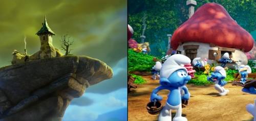 애니메이션 '스머프:비밀의 숲' 중 가가멜의 성(좌)와 스머프의 집 [소니픽쳐스 제공]