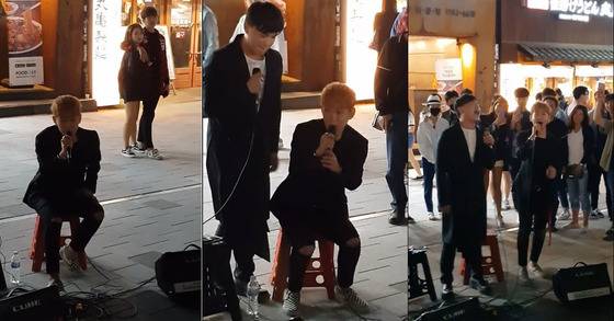 '엠씨 더 맥스'의 노래 '어디에도'를 버스킹을 부르던 남성이 실제 가수인 이수를 만난 뒤 놀라는 모습 [사진 '일소라' 페이스북]