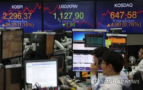 (서울=연합뉴스) 정하종 기자 = 코스피가 하루 만에 반등하며 26.25포인트가 오른 2,296.37로 사상 최고치를 기록한 11일 오후 서울 중구 을지로 KEB하나은행 본점 딜링룸에서 딜러들이 업무를 보고 있다. 코스닥 지수도 4.9포인트 오른 647.58로 연중 최고치를 기록했다. 2017.5.11      chc@yna.co.kr