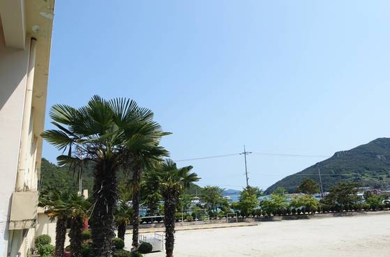 영운분교장 급식장 앞에서 본 운동장과 바다. 전봇대 뒤로 보이는 작은 산이 보이는 곳은 한산도다.