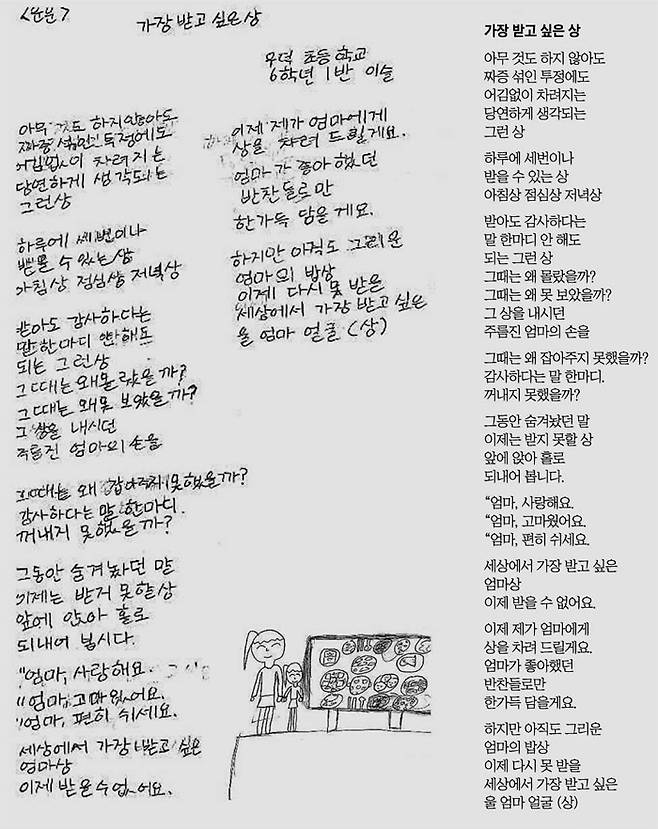 지난해 10월 전북 우덕초 6학년이었던 이슬양이 세상을 떠난 어머니를 그리며 쓴 시. 이양은 종이 여백에 자신과 생전 어머니의 모습, 어머니가 좋아하던 반찬으로 가득한 밥상을 그렸다. /전라북도교육청 페이스북