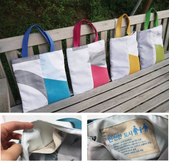 2014년 서울시장 선거 현수막으로 제작된  가방(위)과 가방 안쪽에 부착된 당선자 박원순 서울시장의 핵심공약. /사진=터치포굿