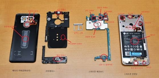 LG전자의 최신 스마트폰 G6 모델을 분해한 모습 [사진 LG전자]