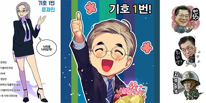 문 대통령을 소재로 한 팬아트들. 좌측부터 루리웹 회원 우켈켈박사의 TS(성별바꿈) 팬아트, 토끼6의 모에화 팬아트, 이모티콘 형식으로 공유되고 있는 팬아트.