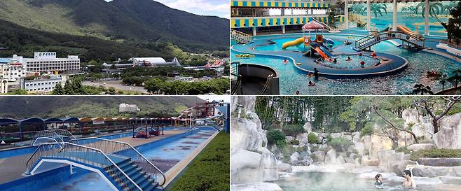 (왼쪽 위부터 시계방향으로) 부곡하와이 건물 전경과 시설 운영이 중단되기 전 모습들 /조선DB, 연합뉴스