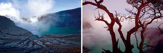 (왼쪽)세계에서 가장 큰 산성 분화구 호수 (오른쪽) 이젠 분화구의 일출 풍경