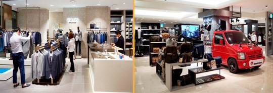 (왼쪽부터)현대백화점 ‘현대 멘즈관’에 입점한 정장 브랜드 갤럭시와 삼성전자 IT 제품을 함께 취급하는 남성 매장 ‘갤럭시’, 롯데백화점 ‘맨즈아지트(MEN’S AGIT)’ 모습/사진제공=현대백화점, 롯데백화점