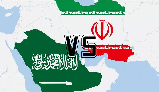 사우디아라비아와 이란의 대결을 상징하는 그래픽.