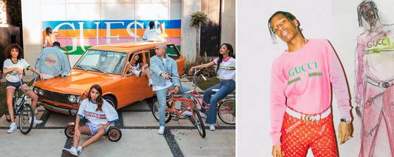 입는 옷마다 화제가 되며 매출로 이어지는 래퍼 에이셉로키(오른쪽 사진). 2016년엔 게스 오리지널스와 협업 프로젝트를 벌였다. 왼쪽 사진은 게스 광고 캠페인. [사진 게스·에이셉로키 인스타그램]