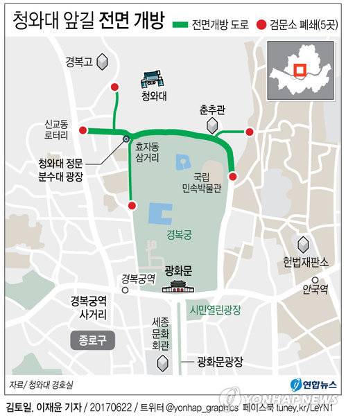 [그래픽] 청와대 앞길 전면 개방        (서울=연합뉴스) 김토일 기자 = 박수현 청와대 대변인은 22일 춘추관 브리핑에서 "대통령 경호실은 오는 26일부터 청와대 앞길을 24시간 전면 개방하는 등 열린 청와대를 구현하고 시민 편의를 확대하는 조치를 전격적으로 시행하기로 했다"고 밝혔다.      kmtoil@yna.co.kr      페이스북 tuney.kr/LeYN1 트위터 @yonhap_graphics